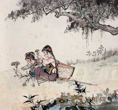 程十发 采花图 轴 53×57cm